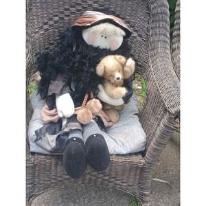 Vintage Little Souls Style Cloth Art Doll with Attached Teddy Bear Plush Faux...